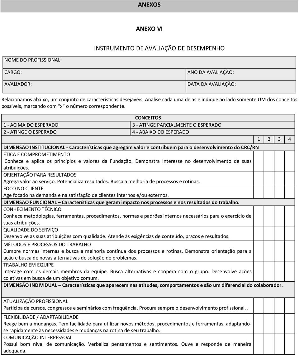 CONCEITOS 1 - ACIMA DO ESPERADO 3 - ATINGE PARCIALMENTE O ESPERADO 2 - ATINGE O ESPERADO 4 - ABAIXO DO ESPERADO DIMENSÃO INSTITUCIONAL - Características que agregam valor e contribuem para o