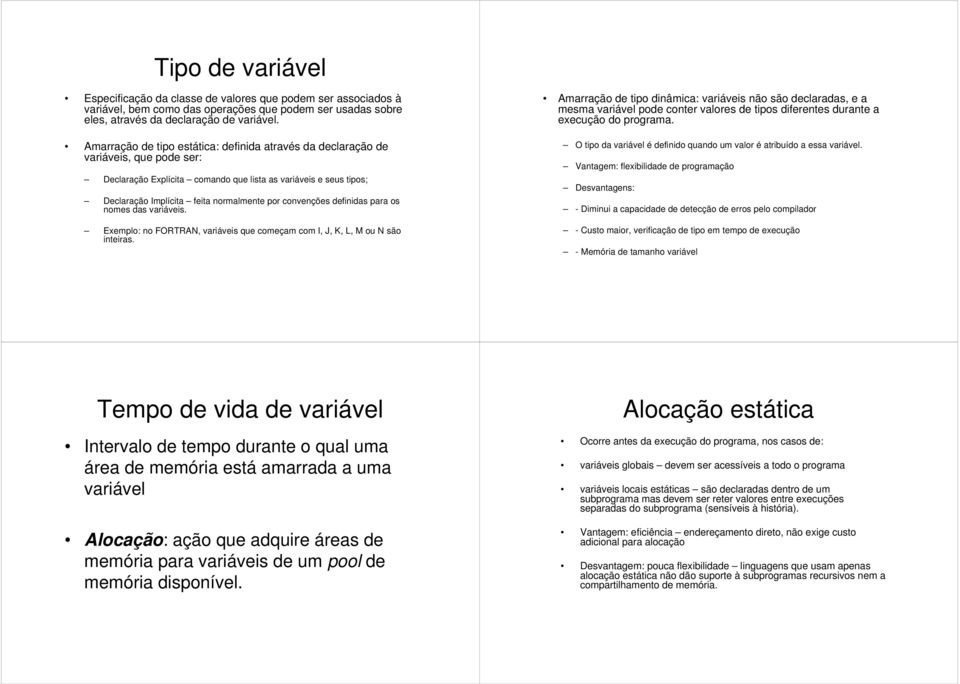 convenções definidas para os nomes das variáveis. Exemplo: no FORTRAN, variáveis que começam com I, J, K, L, M ou N são inteiras.