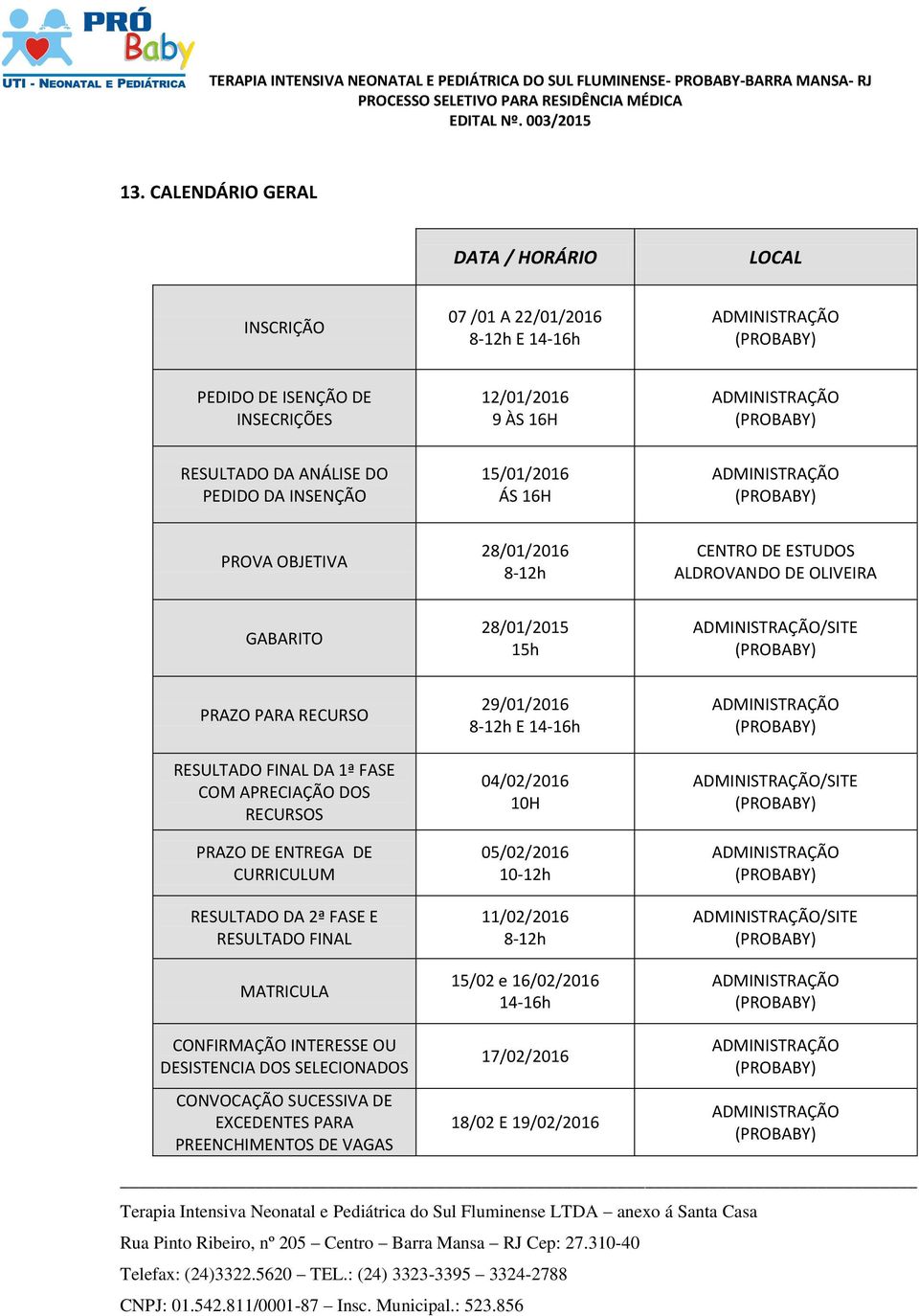 1ª FASE COM APRECIAÇÃO DOS RECURSOS PRAZO DE ENTREGA DE CURRICULUM RESULTADO DA 2ª FASE E RESULTADO FINAL MATRICULA CONFIRMAÇÃO INTERESSE OU DESISTENCIA DOS SELECIONADOS CONVOCAÇÃO SUCESSIVA DE