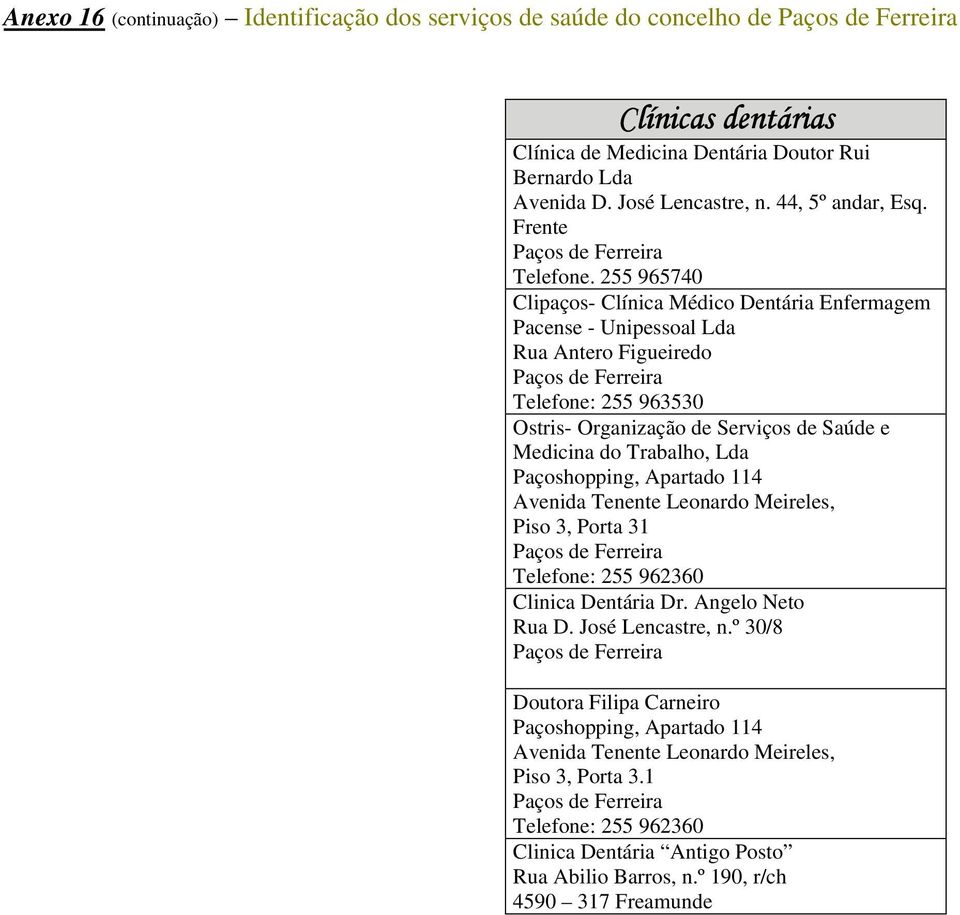 255 965740 Clipaços- Clínica Médico Dentária Enfermagem Pacense - Unipessoal Lda Rua Antero Figueiredo Telefone: 255 963530 Ostris- Organização de Serviços de Saúde e Medicina do Trabalho, Lda