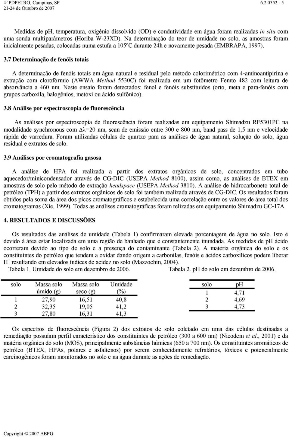 7 Determinação de fenóis totais A determinação de fenóis totais em água natural e residual pelo método colorimétrico com 4-aminoantipirina e extração com clorofórmio (AWWA Method 553C) foi realizada