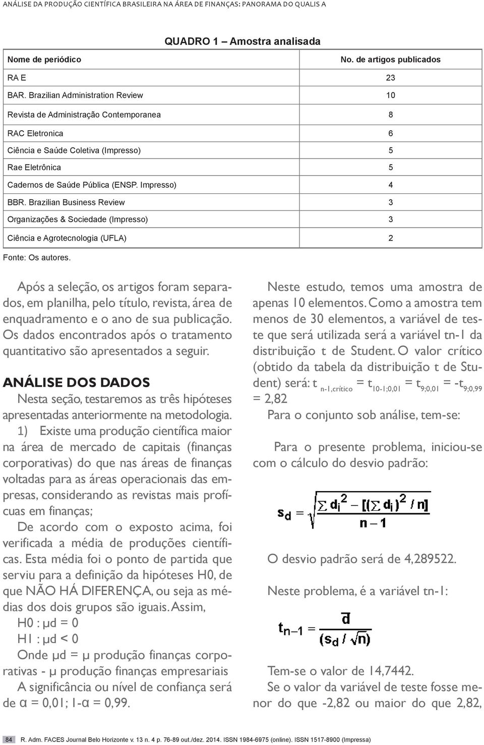 Brazilian Business Review 3 Organizações & Sociedade (Impresso) 3 Ciência e Agrotecnologia (UFLA) 2 Fonte: Os autores.