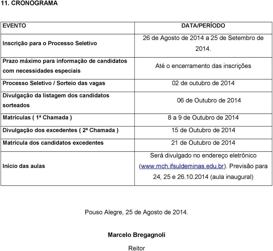 ( 1ª Chamada ) 8 a 9 de Outubro de 2014 Divulgação dos excedentes ( 2ª Chamada ) 15 de Outubro de 2014 Matrícula dos candidatos excedentes 21 de Outubro de 2014 Início das aulas