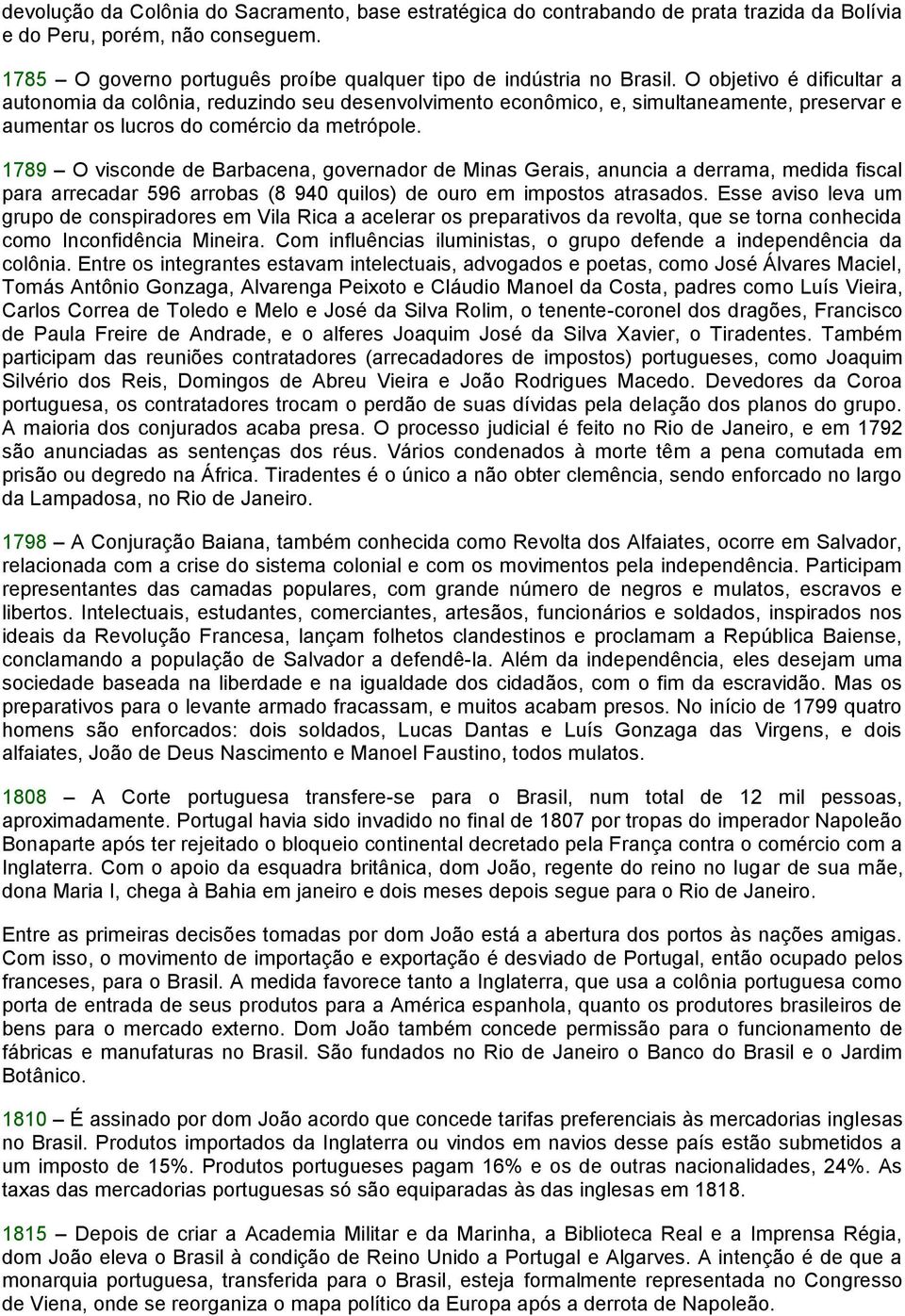 1789 O visconde de Barbacena, governador de Minas Gerais, anuncia a derrama, medida fiscal para arrecadar 596 arrobas (8 940 quilos) de ouro em impostos atrasados.