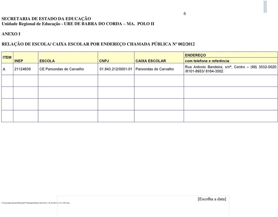 INEP ESCOLA CNPJ CAIXA ESCOLAR ENDEREÇO A 21124639 CE Parsondas de Carvalho 01.843.