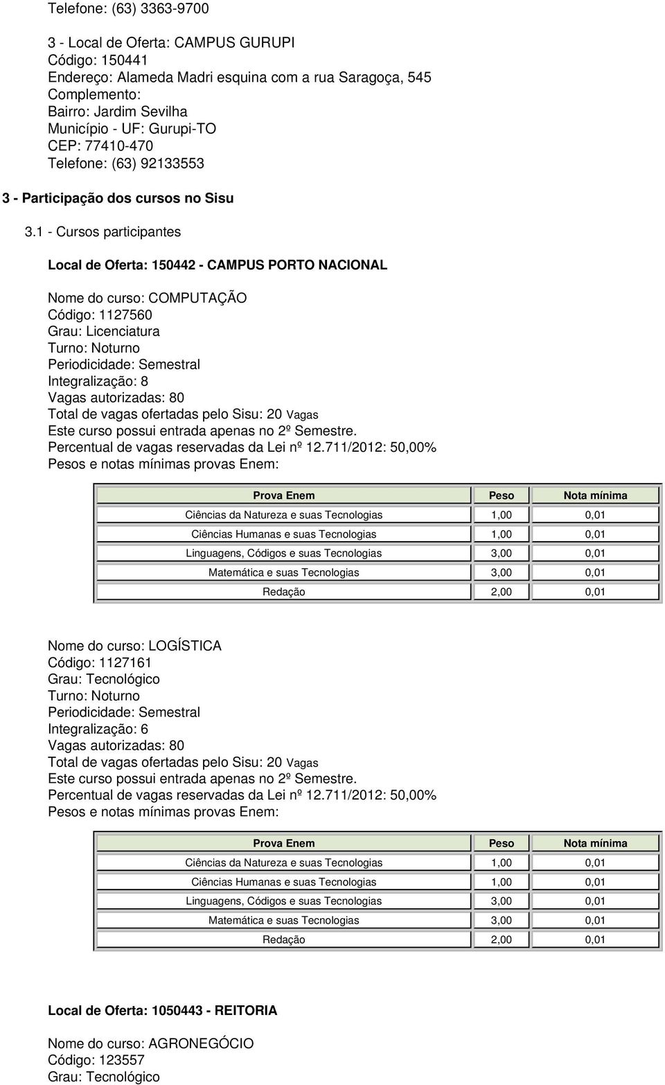 1 - Cursos participantes Local de Oferta: 150442 - CAMPUS PORTO NACIONAL Nome do curso: COMPUTAÇÃO Código: 1127560 Grau: Licenciatura Turno: Noturno Integralização: 8