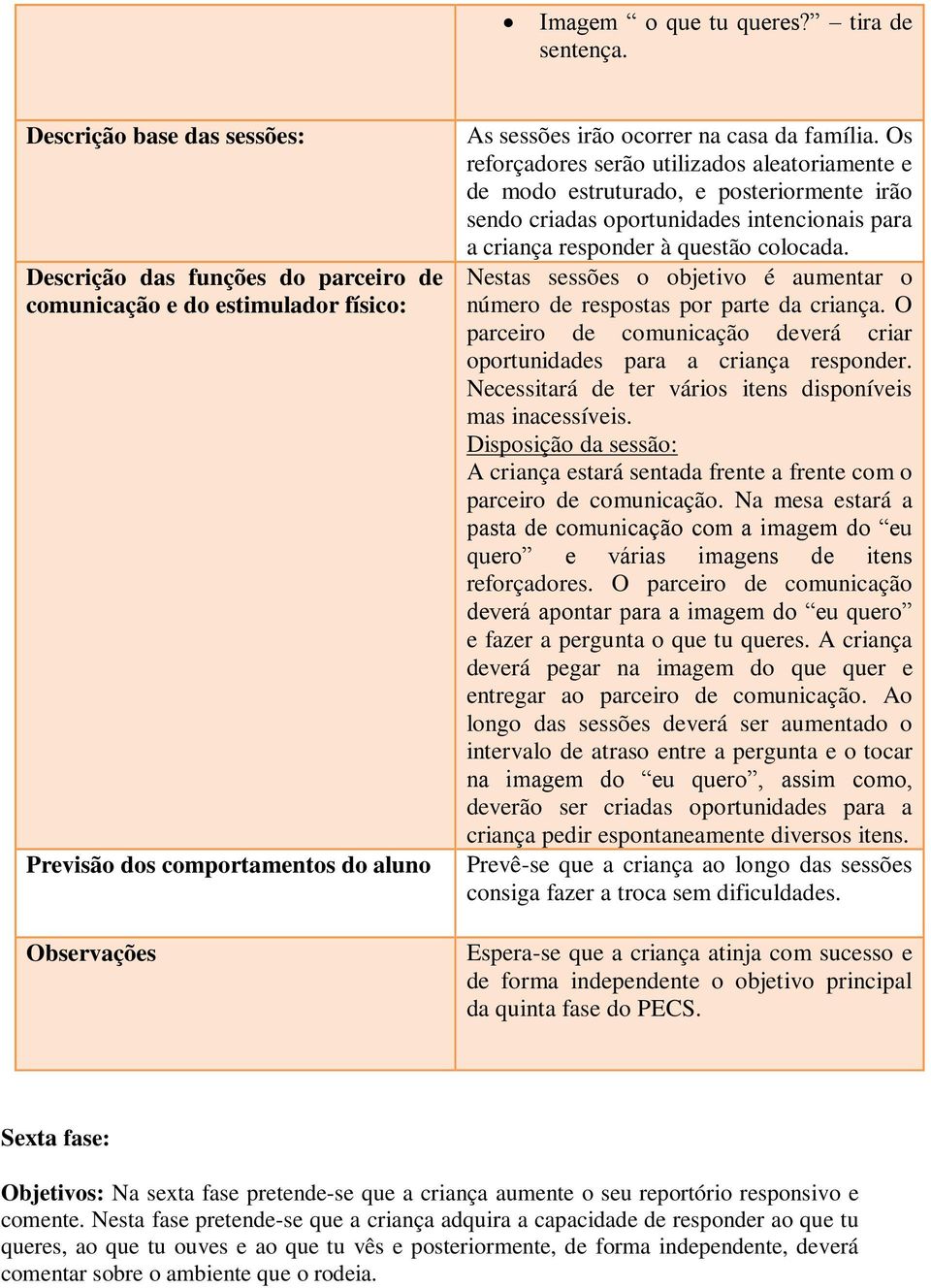 Nestas sessões o objetivo é aumentar o número de respostas por parte da criança. O parceiro de comunicação deverá criar oportunidades para a criança responder.