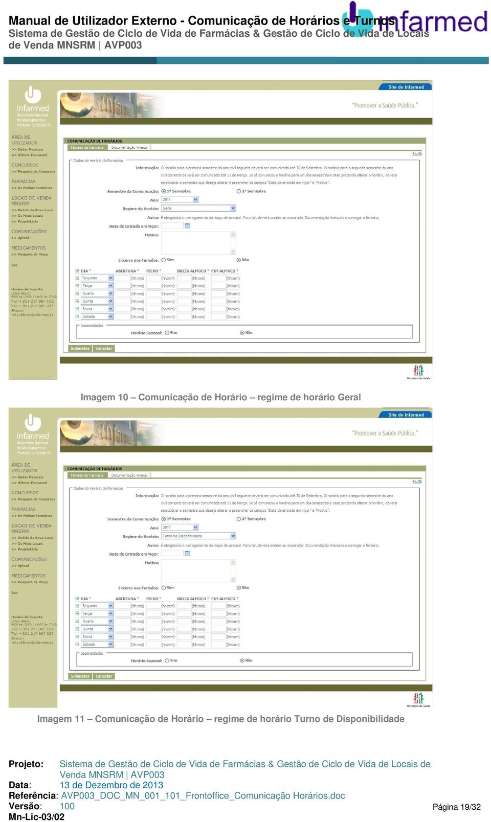 Comunicação de Horário regime de