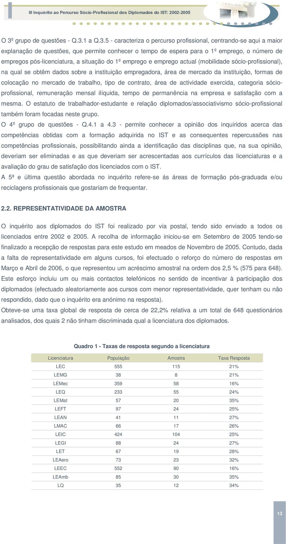 colocação no mercado de trabalho, tipo de contrato, área de actividade exercida, categoria sócioprofissional, remuneração mensal ilíquida, tempo de permanência na empresa e satisfação com a mesma.