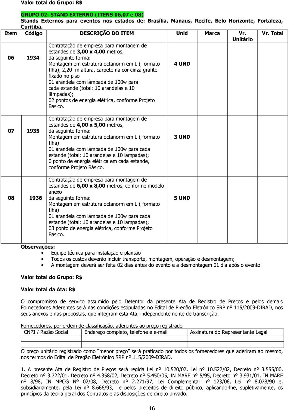 Vr. Total Unitário 06 1934 Contratação de empresa para montagem de estandes de 3,00 x 4,00 metros, da seguinte forma: Montagem em estrutura octanorm em L ( formato Ilha), 2,20 m altura, carpete na