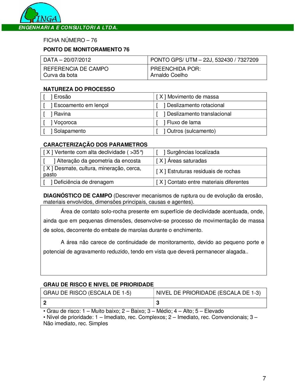 DOS PARAMETROS [ X ] Vertente com alta declividade ( >35 ) [ ] Surgências localizada [ ] Alteração da geometria da encosta [ X ] Áreas saturadas [ X ] Desmate, cultura, mineração, cerca, [ X ]