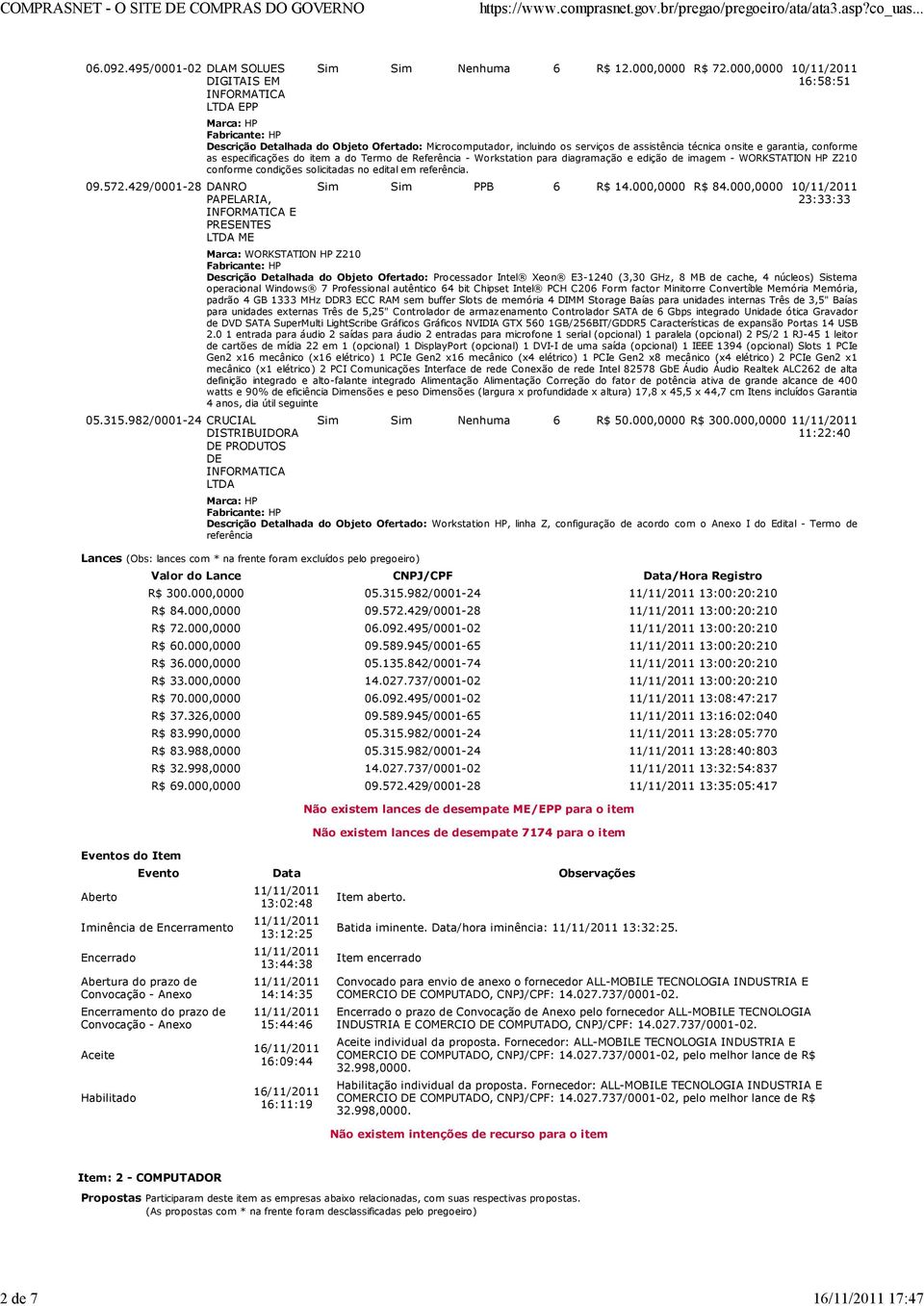 000,0000 10/11/2011 16:58:51 as especificações do item a do Termo de Referência - Workstation para diagramação e edição de imagem - WORKSTATION HP Z210 conforme condições solicitadas no edital em