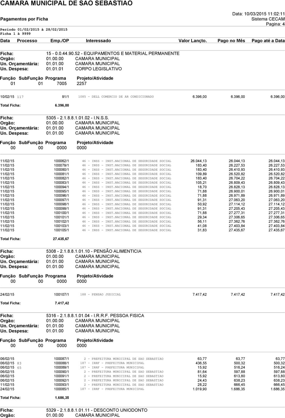 NACIONAL DE SEGURIDADE SOCIAL 183,40 26.410,93 26.410,93 11/02/15 100081/1 46 - INSS - INST.NACIONAL DE SEGURIDADE SOCIAL 109,89 26.520,82 26.520,82 11/02/15 100082/1 46 - INSS - INST.