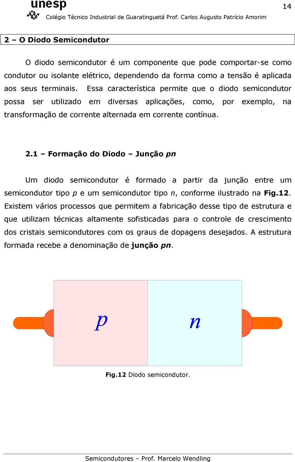 1 Formação do Diodo Junção pn Um diodo semicondutor é formado a partir da junção entre um semicondutor tipo p e um semicondutor tipo n, conforme ilustrado na Fig.12.