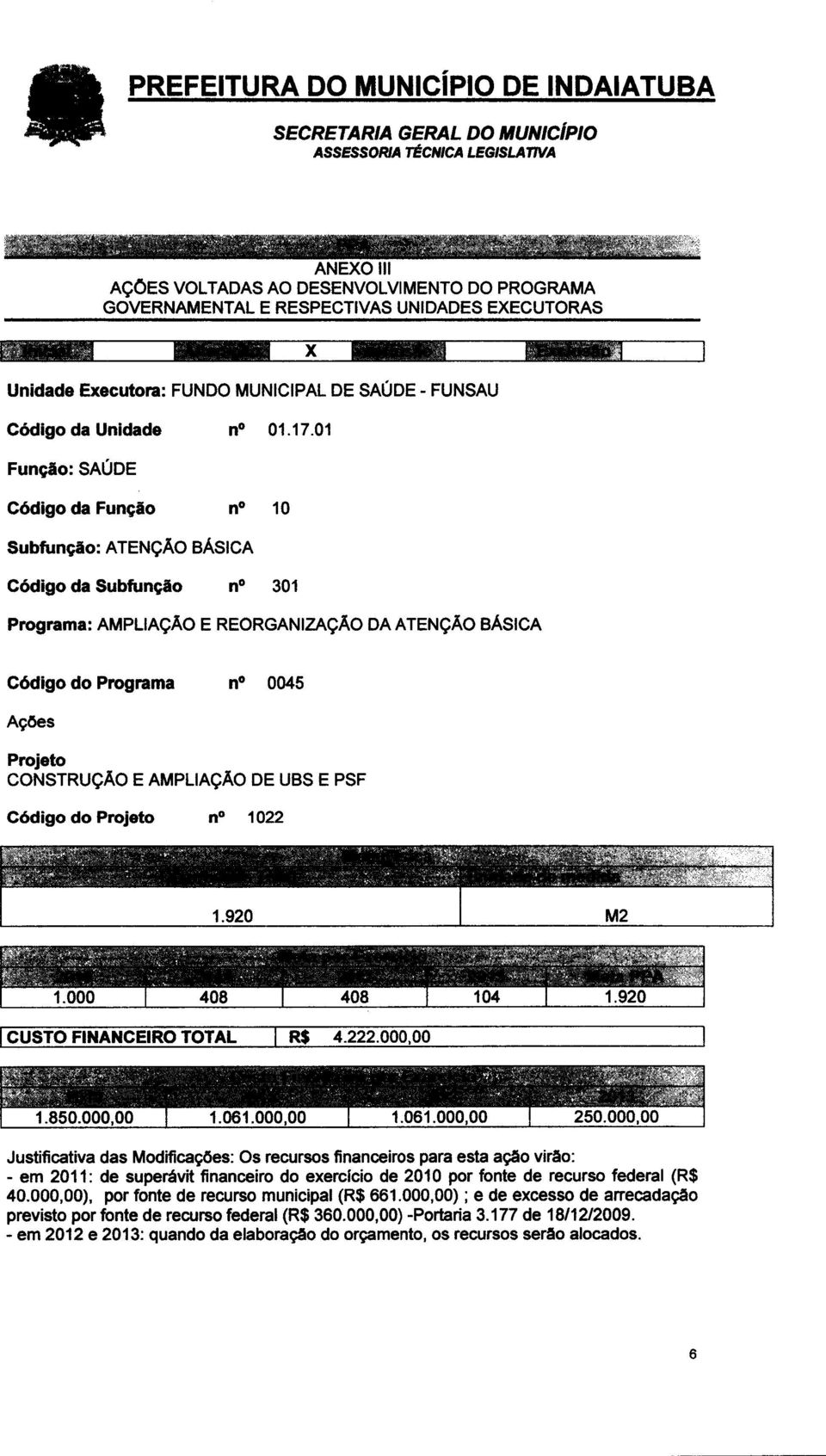 AMPLIAÇÃO DE UBS E PSF Código do Projeto n 1022 1.000 408 408 104 1.920 1 CUSTO FINANCEIRO TOTAL 1 R$ 4.222.