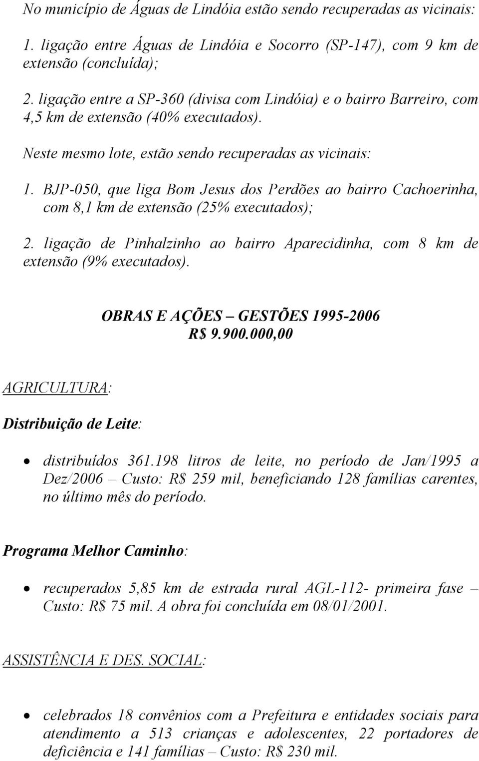 BJP-050, que liga Bom Jesus dos Perdões ao bairro Cachoerinha, com 8,1 km de extensão (25% executados); 2. ligação de Pinhalzinho ao bairro Aparecidinha, com 8 km de extensão (9% executados).