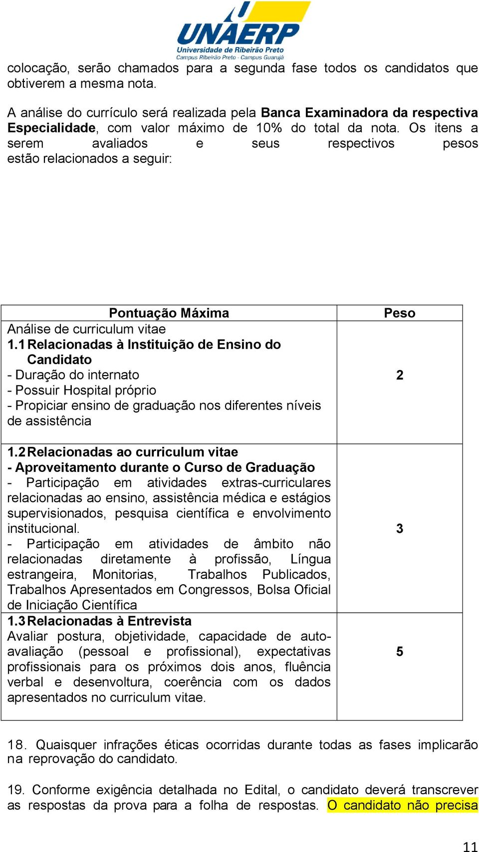 Os itens a serem avaliados e seus respectivos pesos estão relacionados a seguir: Pontuação Máxima Análise de curriculum vitae 1.