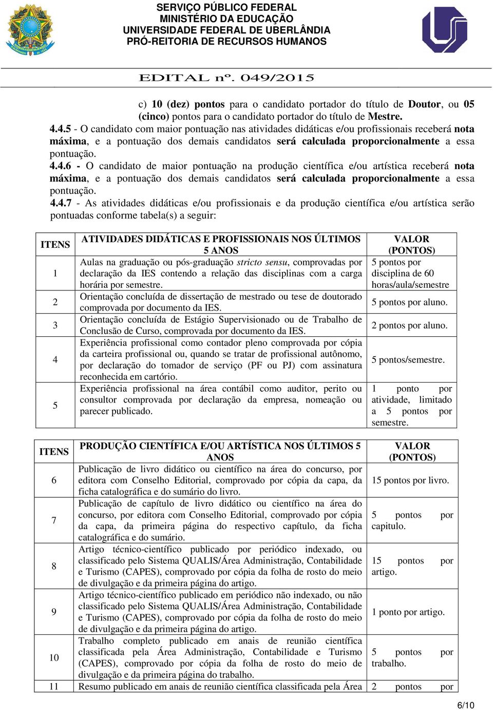 4.4.7 - As atividades didáticas e/ou profissionais e da produção científica e/ou artística serão pontuadas conforme tabela(s) a seguir: ITENS 1 2 3 4 5 ATIVIDADES DIDÁTICAS E PROFISSIONAIS NOS