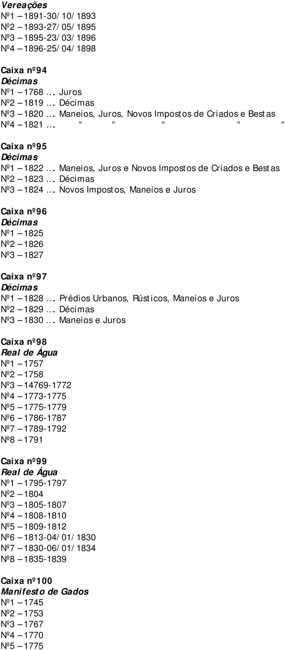 Novos Impostos, Maneios e Juros Caixa nº96 Décimas Nº1 1825 Nº2 1826 Nº3 1827 Caixa nº97 Décimas Nº1 1828. Prédios Urbanos, Rústicos, Maneios e Juros Nº2 1829. Décimas Nº3 1830.