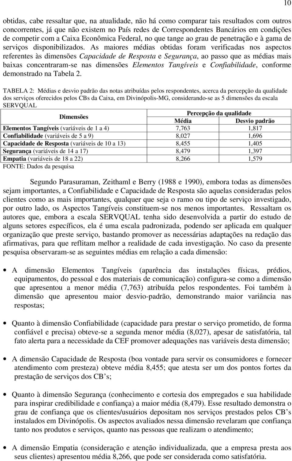 As maiores médias obtidas foram verificadas nos aspectos referentes às dimensões Capacidade de Resposta e Segurança, ao passo que as médias mais baixas concentraram-se nas dimensões Elementos