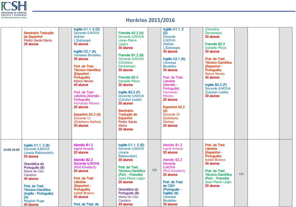 2 Danielle Place Marco Neves Inglês B2.2 (F) 14:00-16:00 Inglês C1.1. 2 (E) (Joana Rabinovitch) Português Maria do Céu Caetano Rogério Puga Alemão B1.2 Ingrid Amaral Alemão B2.