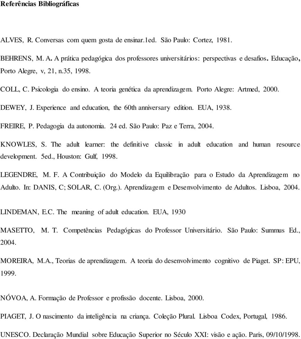 Experience and education, the 60th anniversary edition. EUA, 1938. FREIRE, P. Pedagogia da autonomia. 24 ed. São Paulo: Paz e Terra, 2004. KNOWLES, S.