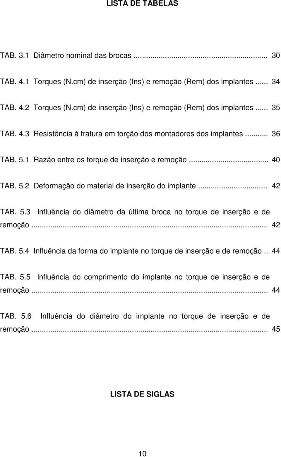 .. 40 TAB. 5.2 Deformação do material de inserção do implante... 42 TAB. 5.3 Influência do diâmetro da última broca no torque de inserção e de remoção... 42 TAB. 5.4 Influência da forma do implante no torque de inserção e de remoção.