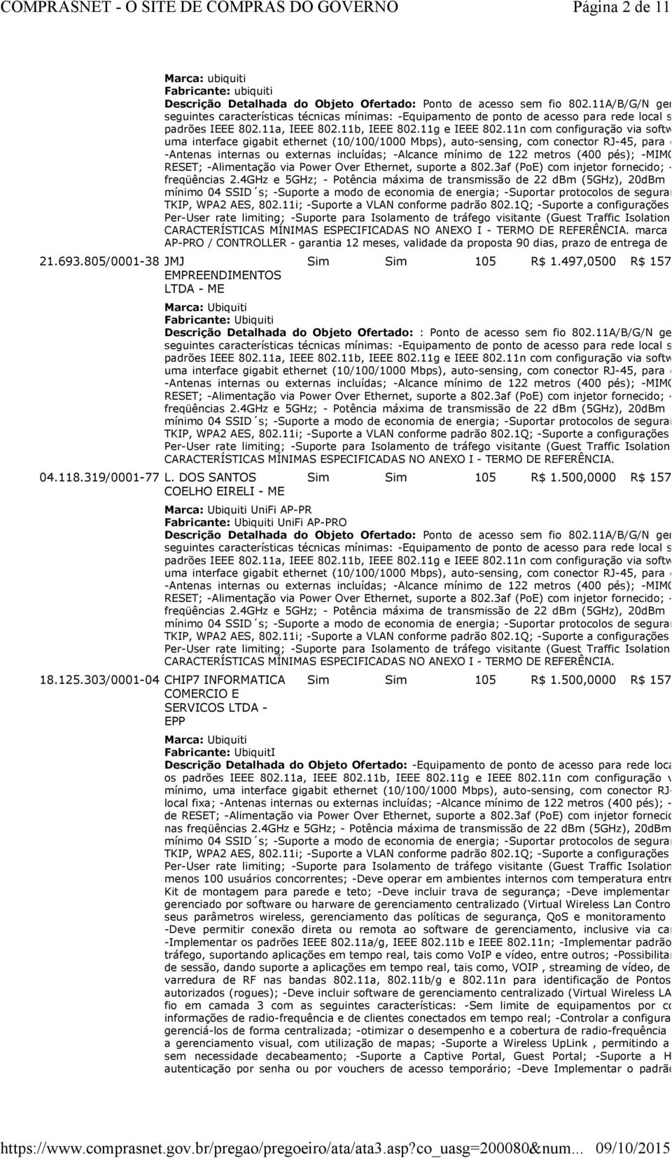 11A/B/G/N gerenciado, novo 04.118.319/0001-77 L. DOS SANTOS COELHO EIRELI - ME Sim Sim 105 R$ 1.500,0000 R$ 157.500,0000 UniFi AP-PR Fabricante: Ubiquiti UniFi AP-PRO 18.125.