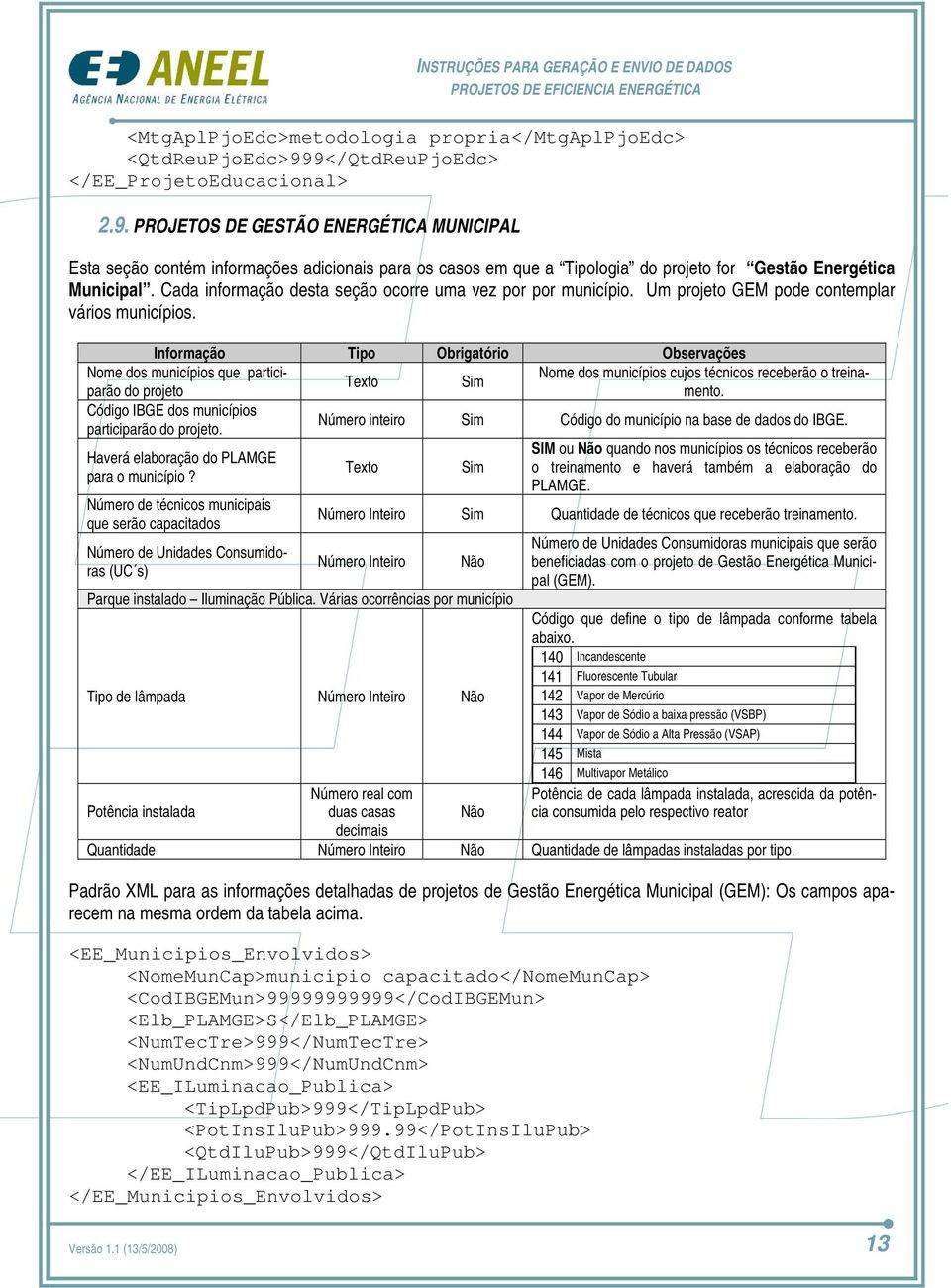 Cada informação desta seção ocorre uma vez por por município. Um projeto GEM pode contemplar vários municípios.