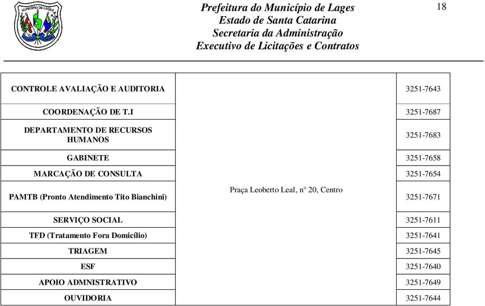 3251-7654 Praça Leoberto Leal, n 20, Centro PAMTB (Pronto Atendimento Tito Bianchini) 3251-7671