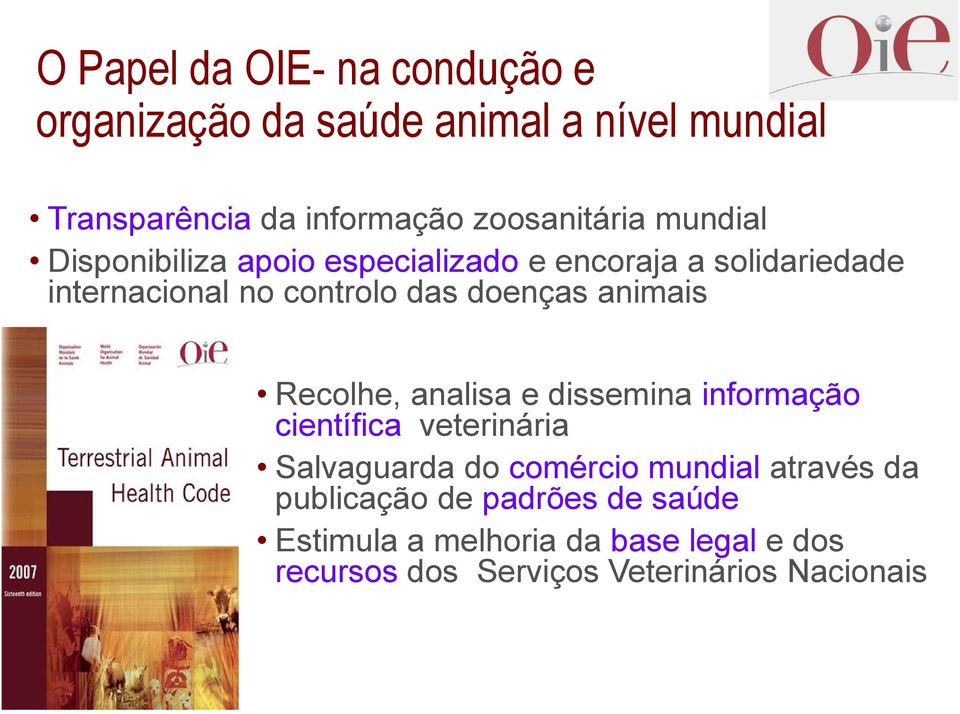 doenças animais Recolhe, analisa e dissemina informação científica veterinária Salvaguarda do comércio mundial