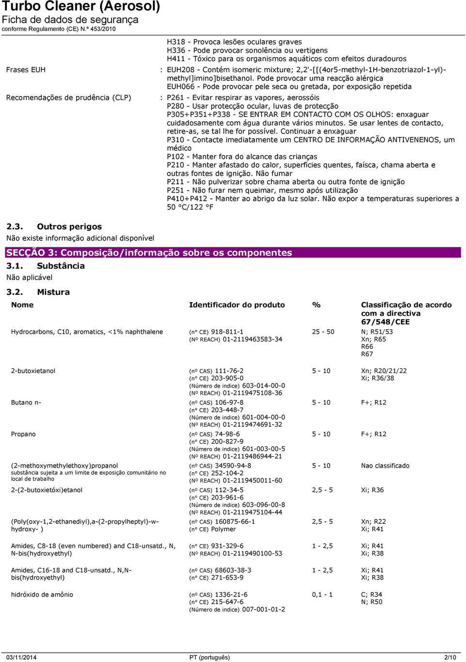 Pode provocar uma reacção alérgica EUH066 - Pode provocar pele seca ou gretada, por exposição repetida : P261 - Evitar respirar as vapores, aerossóis P280 - Usar protecção ocular, luvas de protecção