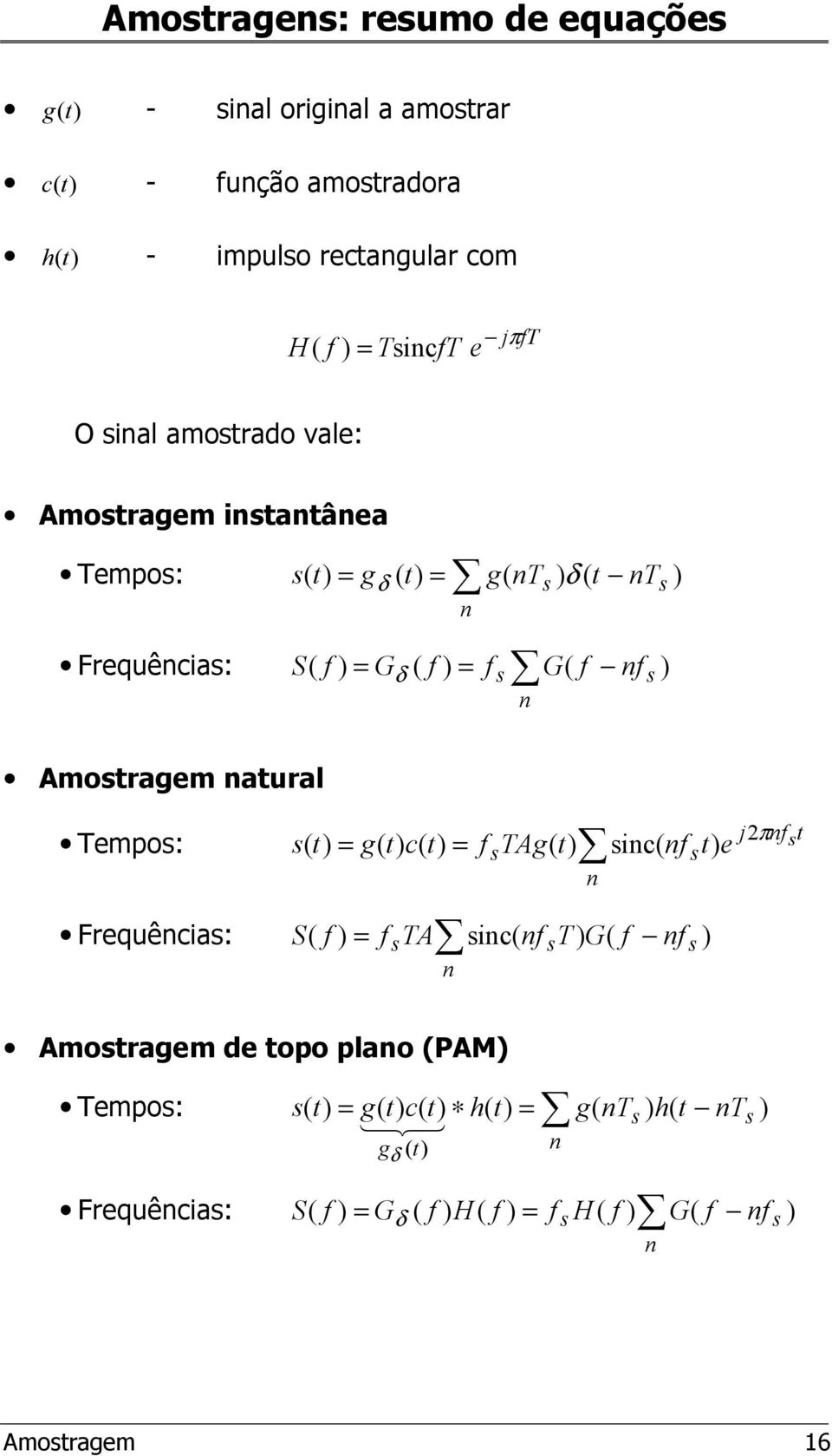 ) ( Amotragem atural Tempo: ( = g( c( = TAg( ic( e j2πt Frequêcia: S ( ) = TA ic( T ) G( ) Amotragem de topo
