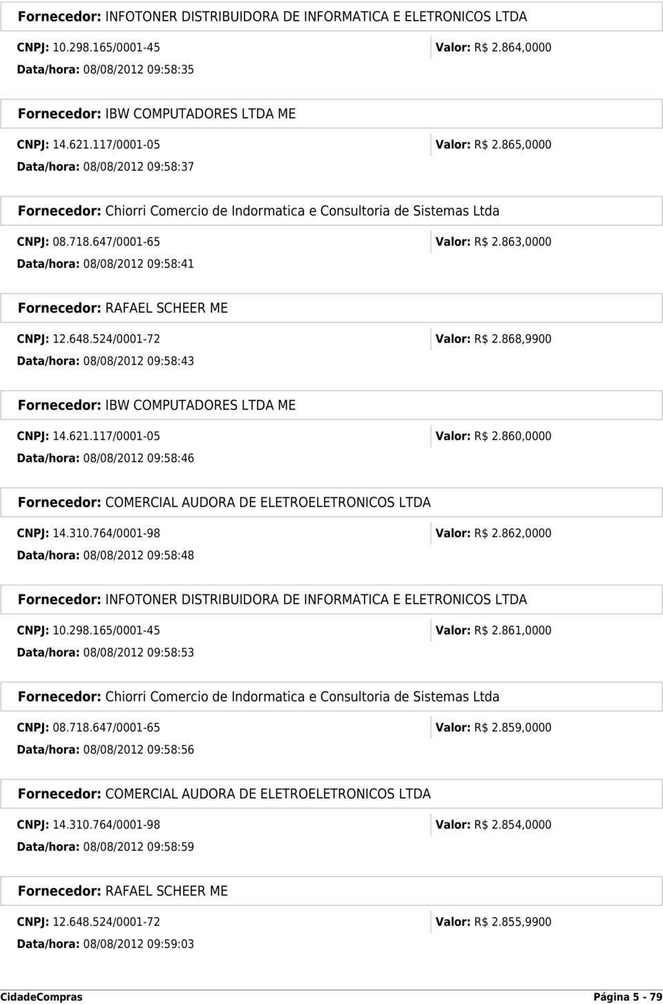 860,0000 Data/hora: 08/08/2012 09:58:46 CNPJ: 14.310.764/0001-98 Valor: R$ 2.862,0000 Data/hora: 08/08/2012 09:58:48 CNPJ: 10.298.165/0001-45 Valor: R$ 2.