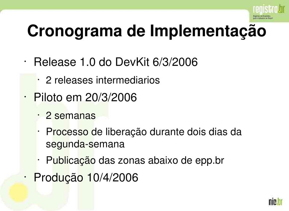 20/3/2006 2 semanas Processo de liberação durante dois