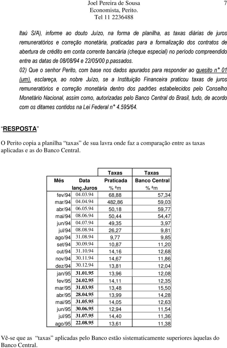 02) Que o senhor Perito, com base nos dados apurados para responder ao quesito n 01 (um), esclareça, ao nobre Juízo, se a Instituição Financeira praticou taxas de juros remuneratórios e correção