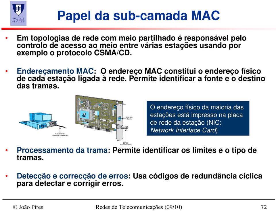 O endereço físico da maioria das estações está impresso na placa de rede da estação (NIC: Network Interface Card) Processamento da trama: Permite identificar os