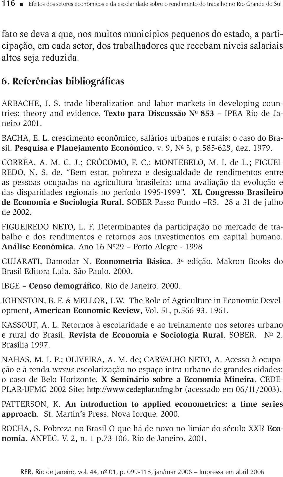 Texto para Discussão N o 853 IPEA Rio de Janeiro 2001. BACHA, E. L. crescimento econômico, salários urbanos e rurais: o caso do Brasil. Pesquisa e Planejamento Econômico. v. 9, N o 3, p.585-628, dez.