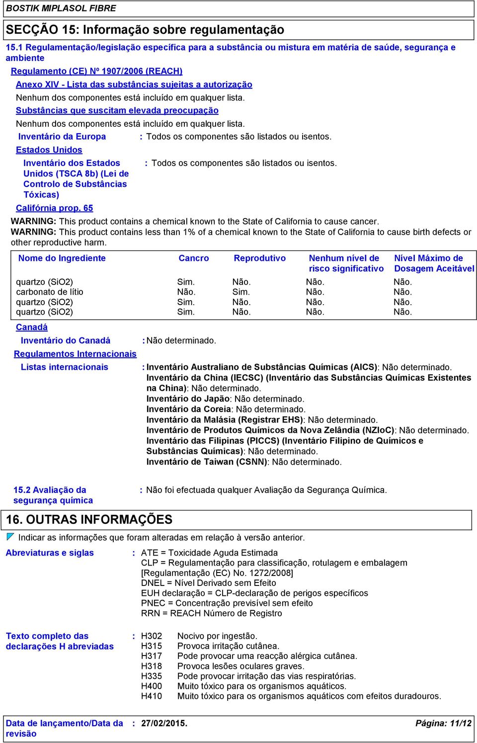 autorização Nenhum dos componentes está incluído em qualquer lista. Substâncias que suscitam elevada preocupação Nenhum dos componentes está incluído em qualquer lista.