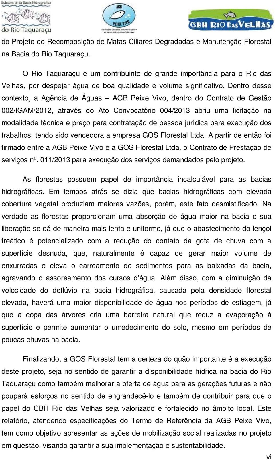 Dentro desse contexto, a Agência de Águas AGB Peixe Vivo, dentro do Contrato de Gestão 002/IGAM/2012, através do Ato Convocatório 004/2013 abriu uma licitação na modalidade técnica e preço para