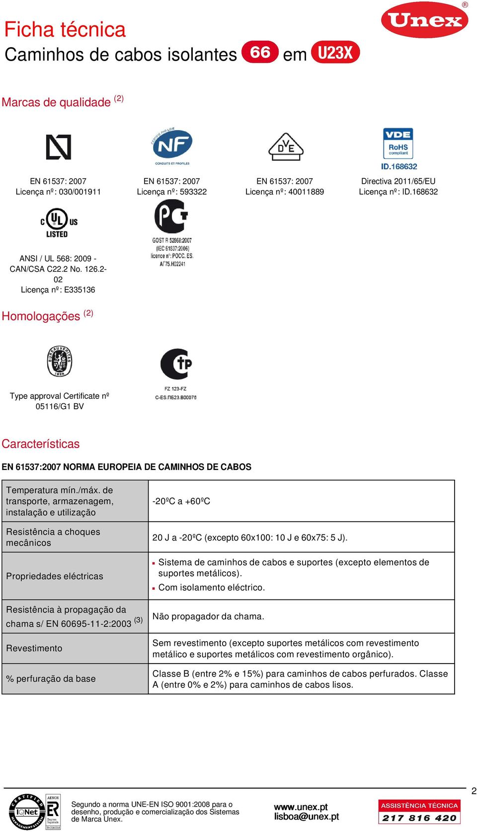 2-02 Licença nº: E335136 Homologações (2) Type approval Certificate nº 05116/G1 BV Características EN 61537:2007 NORMA EUROPEIA DE CAMINHOS DE CABOS Tperatura mín./máx.