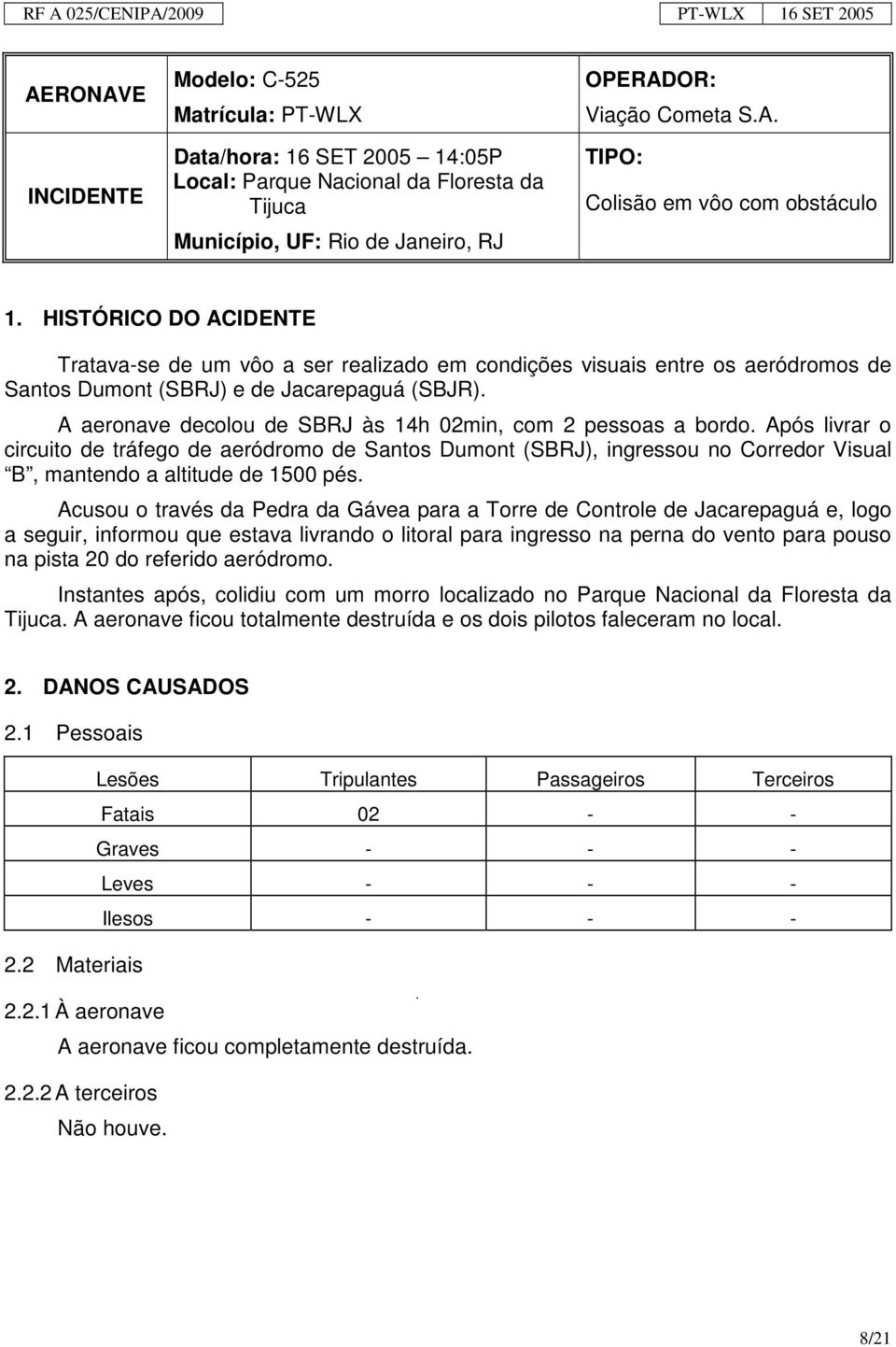 A aeronave decolou de SBRJ às 14h 02min, com 2 pessoas a bordo. Após livrar o circuito de tráfego de aeródromo de Santos Dumont (SBRJ), ingressou no Corredor Visual B, mantendo a altitude de 1500 pés.