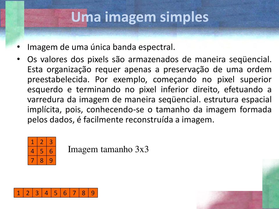 Por exemplo, começando no pixel superior esquerdo e terminando no pixel inferior direito, efetuando a varredura da imagem de