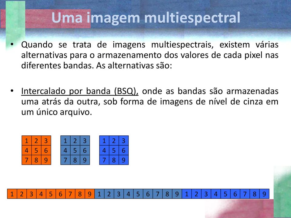 As alternativas são: Intercalado por banda (BSQ), onde as bandas são armazenadas uma atrás da outra, sob