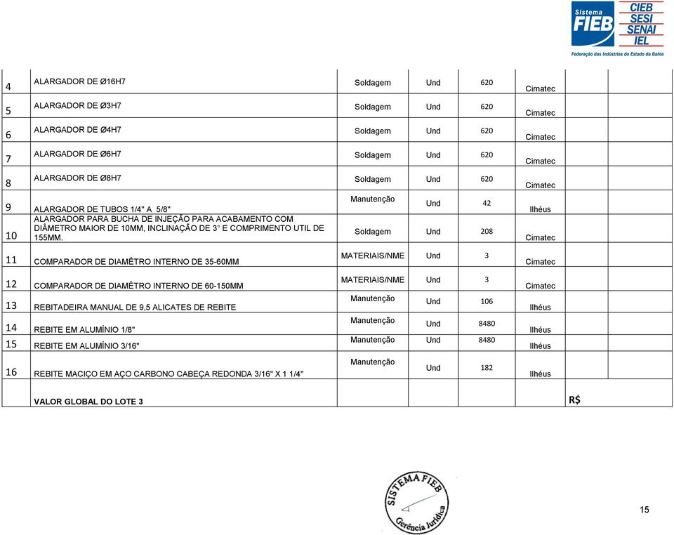 Manutenção Und 42 Soldagem Und 208 Ilhéus 11 COMPARADOR DE DIAMÊTRO INTERNO DE 35-60MM 12 COMPARADOR DE DIAMÊTRO INTERNO DE 60-150MM 13 REBITADEIRA MANUAL DE 9,5 ALICATES DE REBITE 14 REBITE EM