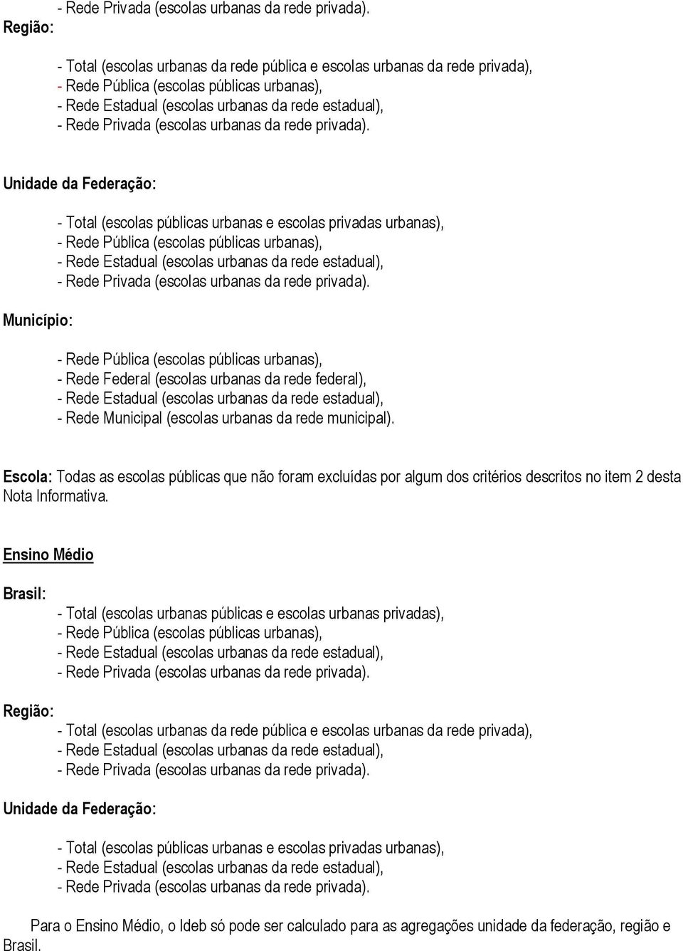 Escola: Todas as escolas públicas que não foram excluídas por algum dos critérios descritos no item 2 desta Nota Informativa.