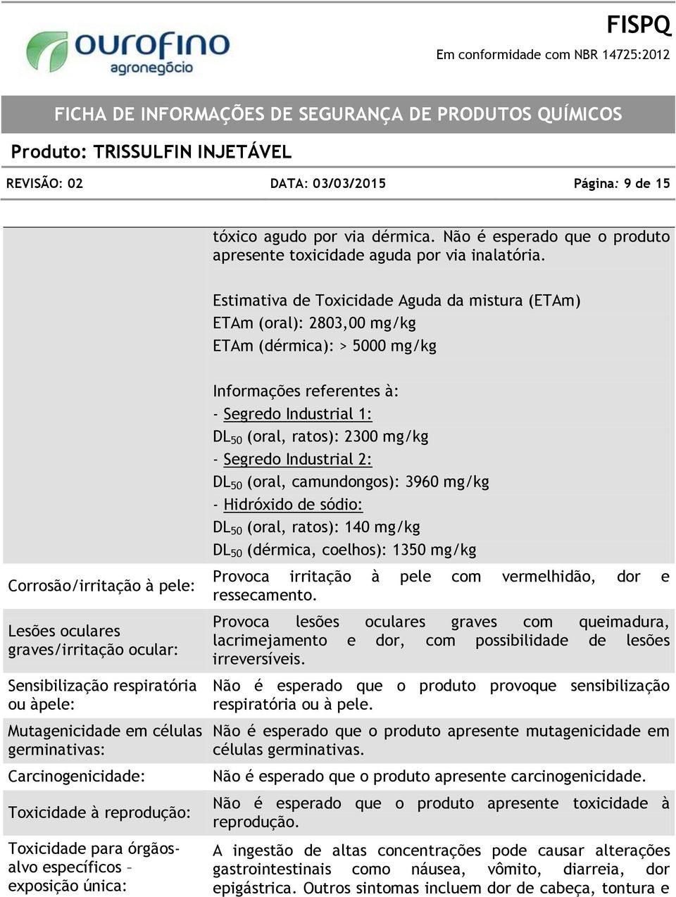 respiratória ou àpele: Mutagenicidade em células germinativas: Carcinogenicidade: Toxicidade à reprodução: Toxicidade para órgãosalvo específicos exposição única: Informações referentes à: - Segredo