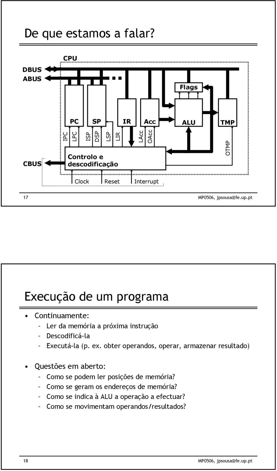 Interrupt 17 Execução de um programa Continuamente: Ler da memória a próxima instrução Descodificá-la Executá-la (p. ex.