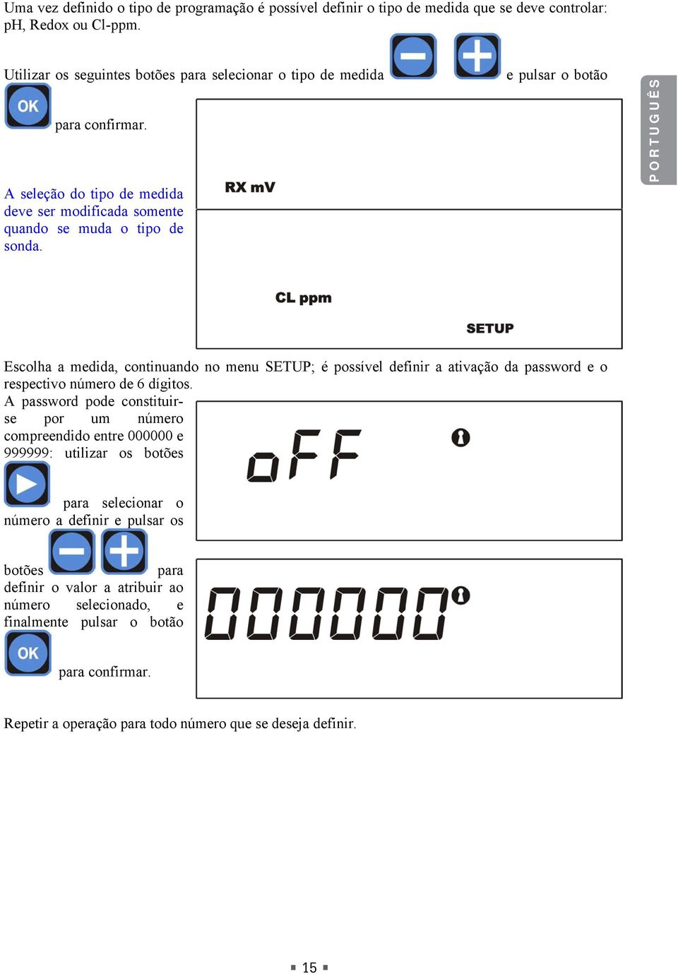 e pulsar o botão PORTUGUÊS Escolha a medida, continuando no menu SETUP; é possível definir a ativação da password e o respectivo número de 6 dígitos.