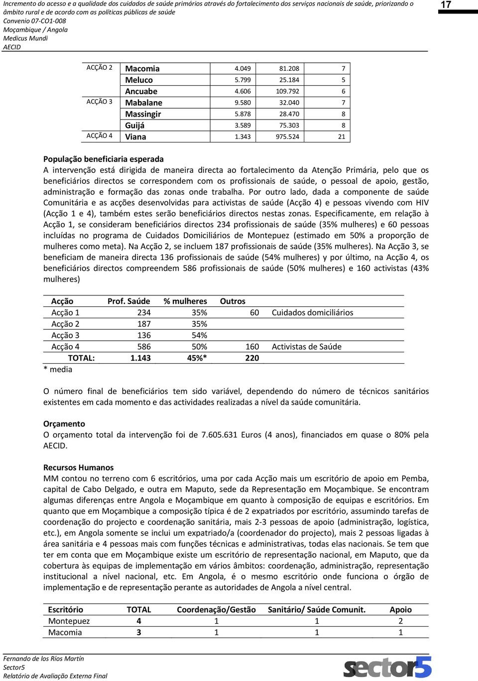 saúde, o pessoal de apoio, gestão, administração e formação das zonas onde trabalha.